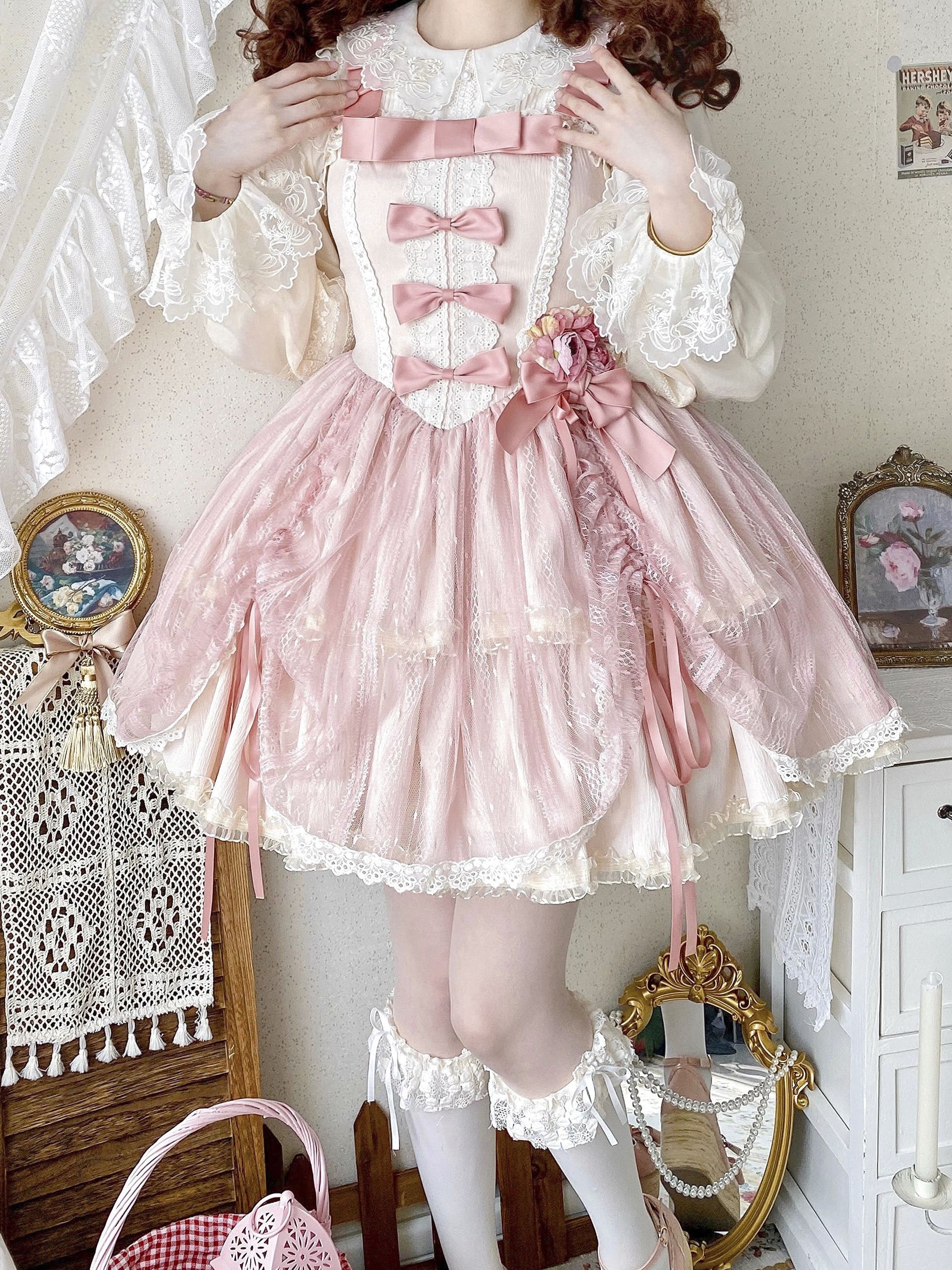 お花とリボンのサロンミュージックジャンパースカート No.791 いろどり花てまり タックジャンパースカート さくら(Pink