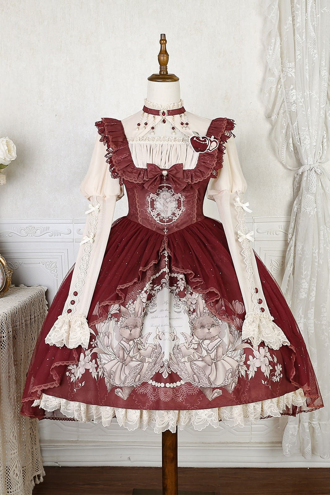ロリータ バラリボンレースジャンパースカート ワインレッド Ｍ〜Ｌサイズ June Bride フラワーレースジャンパースカート 全4色 – ロリータ