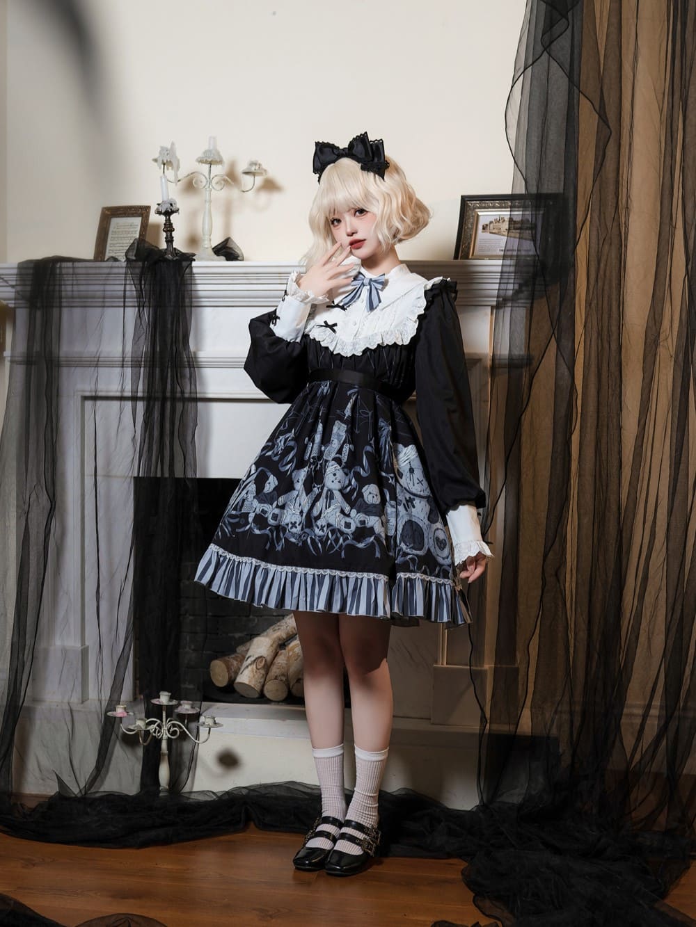 【りぃ♡】ゴスロリ・ロリータドレス 黒と白　Mサイズ ✞ロリータJK制服 ダークドレス スプリングスタイルルーズ